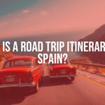 Scenic road trip through Spain, winding highway with mountains and coastline, vintage car, sunny day, vibrant colors, realistic.