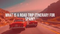 Scenic road trip through Spain, winding highway with mountains and coastline, vintage car, sunny day, vibrant colors, realistic.
