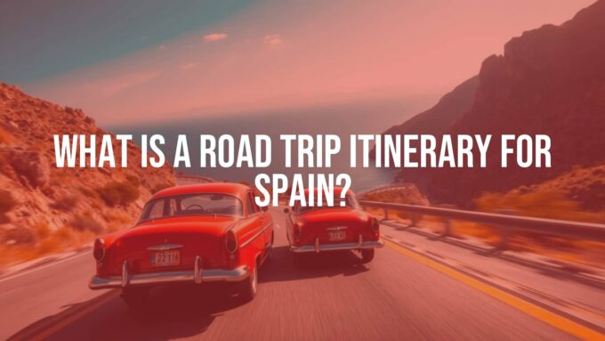 Scenic road trip through Spain, winding highway with mountains and coastline, vintage car, sunny day, vibrant colors, realistic.