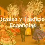 Vibrant Spanish festival scene with colorful traditional costumes, lively dancing, and fireworks in the background, realistic.