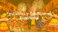 Vibrant Spanish festival scene with colorful traditional costumes, lively dancing, and fireworks in the background, realistic.