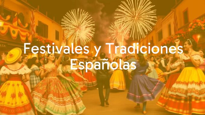 Vibrant Spanish festival scene with colorful traditional costumes, lively dancing, and fireworks in the background, realistic.