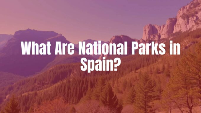 A scenic view of a Spanish national park with tall mountains, green forests, and clear blue sky, realistic.