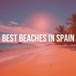 Golden sandy beach in Spain, clear blue water, sunny day, palm trees, vibrant atmosphere, realistic.