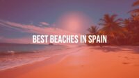 Golden sandy beach in Spain, clear blue water, sunny day, palm trees, vibrant atmosphere, realistic.