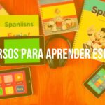 A colorful collection of Spanish learning resources, including books, apps, and headphones, arranged on a wooden table, vibrant and inviting.