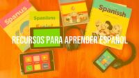 A colorful collection of Spanish learning resources, including books, apps, and headphones, arranged on a wooden table, vibrant and inviting.