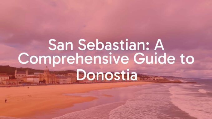 Scenic view of San Sebastian, sandy beach, historic buildings, lush green hills, cloudy skies, ocean waves, Basque culture, relaxed vibe, realistic.