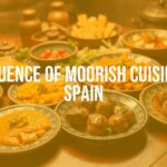 Colorful Moorish-inspired Spanish cuisine spread, saffron-infused paella, albóndigas, ceramic plates, warm lighting, cultural fusion, realistic.