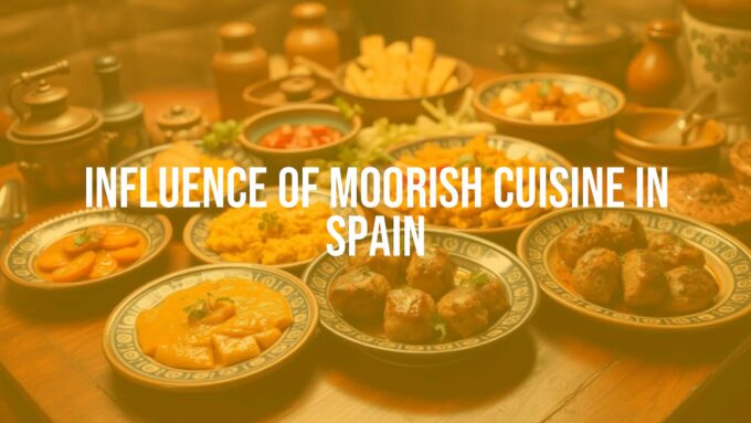 Colorful Moorish-inspired Spanish cuisine spread, saffron-infused paella, albóndigas, ceramic plates, warm lighting, cultural fusion, realistic.