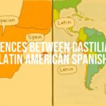 Side-by-side comparison of Castilian and Latin American Spanish, featuring a map of Spain and Latin America with speech bubbles showing key words, vibrant colors, illustrative style.