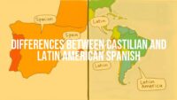 Side-by-side comparison of Castilian and Latin American Spanish, featuring a map of Spain and Latin America with speech bubbles showing key words, vibrant colors, illustrative style.