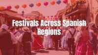 A vibrant Spanish festival scene with people in traditional costumes, colorful decorations, and lively dancing, daytime, realistic.
