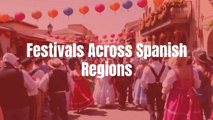 A vibrant Spanish festival scene with people in traditional costumes, colorful decorations, and lively dancing, daytime, realistic.