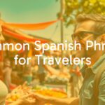 A traveler holding a Spanish phrasebook, smiling while interacting with a local vendor at a colorful outdoor market, sunny day, vibrant and welcoming atmosphere, realistic.