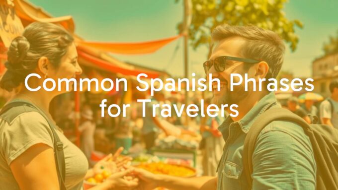 A traveler holding a Spanish phrasebook, smiling while interacting with a local vendor at a colorful outdoor market, sunny day, vibrant and welcoming atmosphere, realistic.