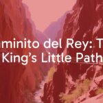 Dramatic gorge with steep cliffs, wooden walkway along the canyon walls, hikers on Caminito del Rey, sunny day, realistic.