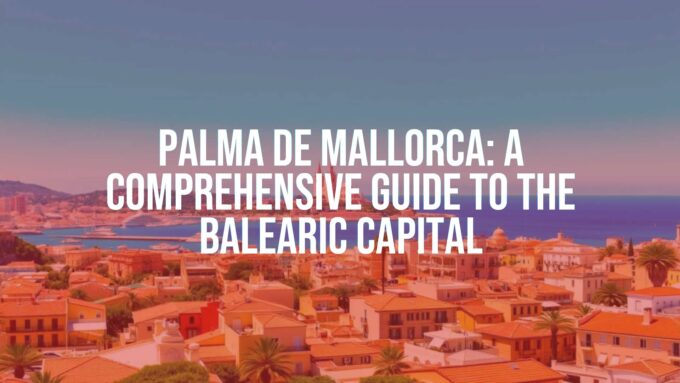 Panoramic view of Palma de Mallorca coastline, Gothic cathedral in the distance, Mediterranean architecture, sunny day, vibrant colors, realistic.