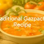 Traditional Spanish gazpacho soup in a bowl, fresh tomatoes, cucumbers, bell peppers, garlic, olive oil, rustic wooden table, bright and refreshing, realistic.