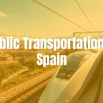 Modern high-speed train passing through a scenic Spanish landscape, urban metro station with people boarding, vibrant city buses, sunny day, realistic.