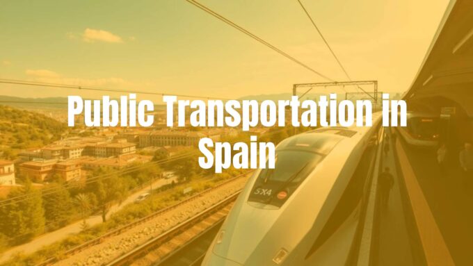 Modern high-speed train passing through a scenic Spanish landscape, urban metro station with people boarding, vibrant city buses, sunny day, realistic.