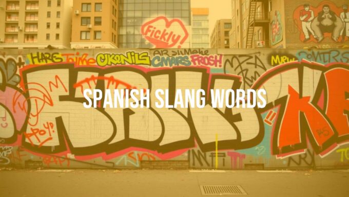 Colorful graffiti-style word art with popular Spanish slang phrases, vibrant urban background, lively and expressive mood.