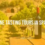 Sunny vineyard in Spain with rows of grapevines, wine glass and bottle on a wooden table, rustic cellar background, warm and inviting atmosphere, realistic style.