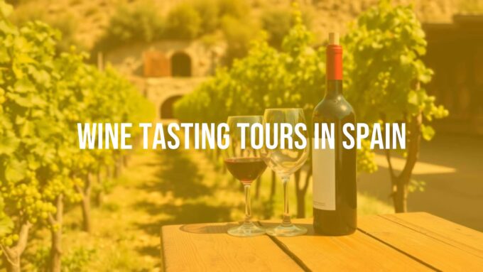 Sunny vineyard in Spain with rows of grapevines, wine glass and bottle on a wooden table, rustic cellar background, warm and inviting atmosphere, realistic style.