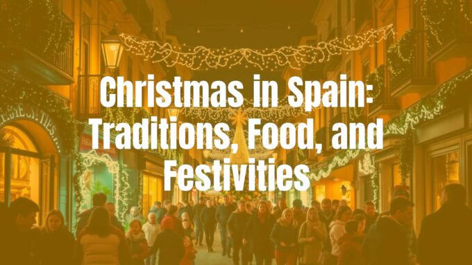 Festive Christmas scene in Spain, glowing street lights, families gathered, traditional decorations, warm and joyful atmosphere, realistic.