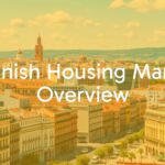 A vibrant Spanish city skyline with modern and traditional buildings, bustling streets, 'For Sale' signs, sunny weather, realistic.