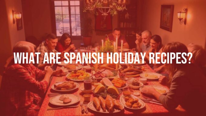 A festive Spanish holiday table filled with traditional dishes like roasted meats, seafood, and desserts, vibrant colors, warm lighting, family gathering atmosphere, realistic.