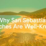 Beautiful beach in San Sebastián, golden sand, clear blue water, surrounded by hills, sunny day, people enjoying the shore, realistic.