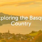 Basque Country landscape, Pyrenees mountains, Cantabrian Sea, traditional village, sunset, vibrant colors, realistic.