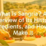 A glass pitcher of sangria filled with red wine, sliced oranges, lemons, and berries, on a sunny table with a Spanish countryside background, vibrant and inviting, realistic.