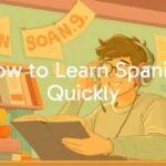A person studying Spanish with books and headphones, vibrant colors, motivational vibe, illustrative style.