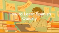 A person studying Spanish with books and headphones, vibrant colors, motivational vibe, illustrative style.