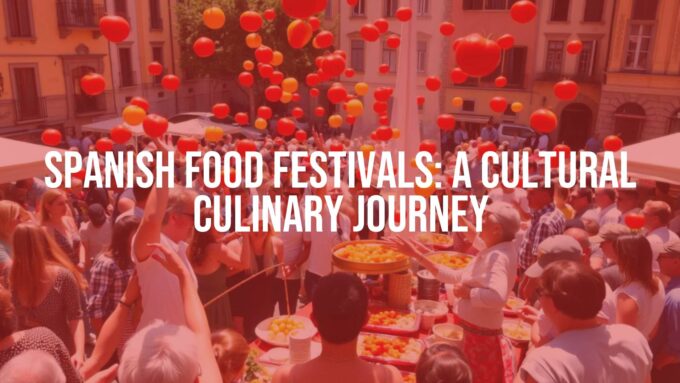 Vibrant Spanish food festival, crowded town square, colorful tomatoes flying in La Tomatina, people laughing, traditional Spanish dishes on tables, sunny day, lively atmosphere, realistic.
